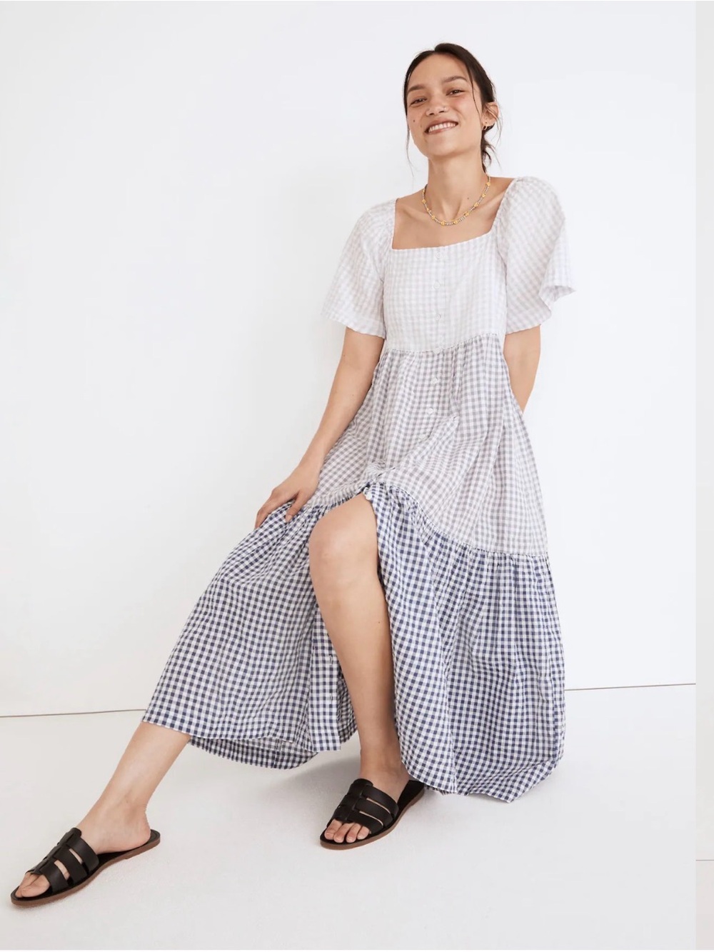 Madewell Blue and White Gingham tiered  Midi Dress with pockets!